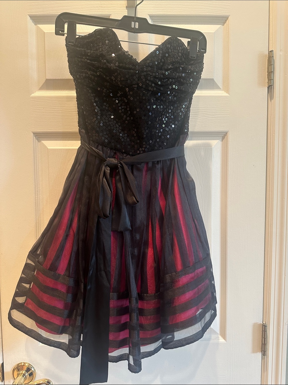 Betsey Johnson Black Sequin Strapless Dress with Pink Liner and Sheer Overlay